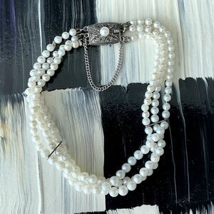 Vtg 7" Sterling Silver Genuine Pearl Triple Strand Bracelet Filigree Clasp